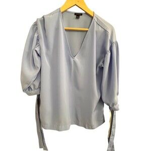 Ann Taylor Blouse Womens Size S Light Blue V-Neck Puff 3/4 Sleeve Tie